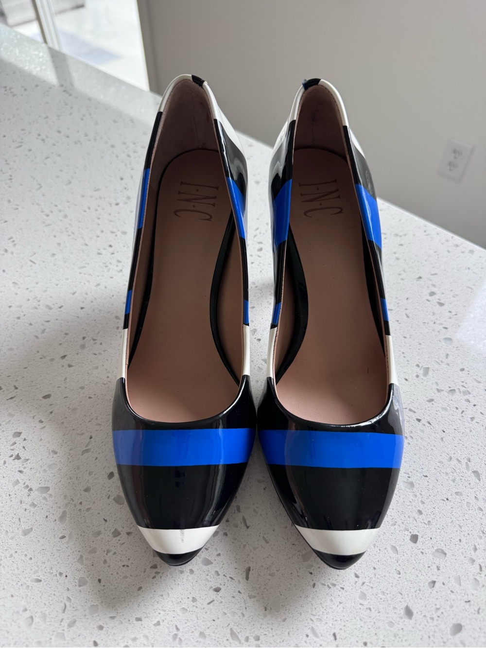 INC International Concepts Black, Blue & White Patent Leather Pointed-Toe Pumps